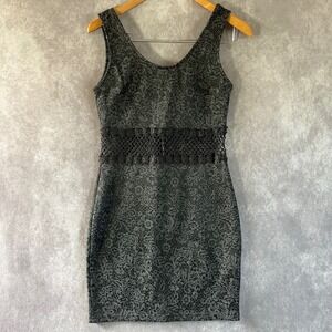 Must HAVE Bodycon Dress Women Medium Grey Black Floral Crochet Waist Back Zip
